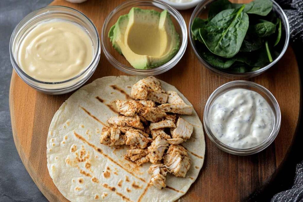 Ingredients for avocado chicken wrap neatly arranged on a wooden board.