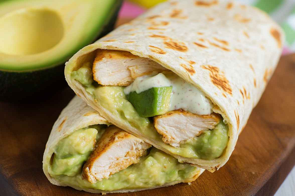 A delicious avocado chicken wrap sliced in half, filled with creamy avocado, grilled chicken, and sauce.