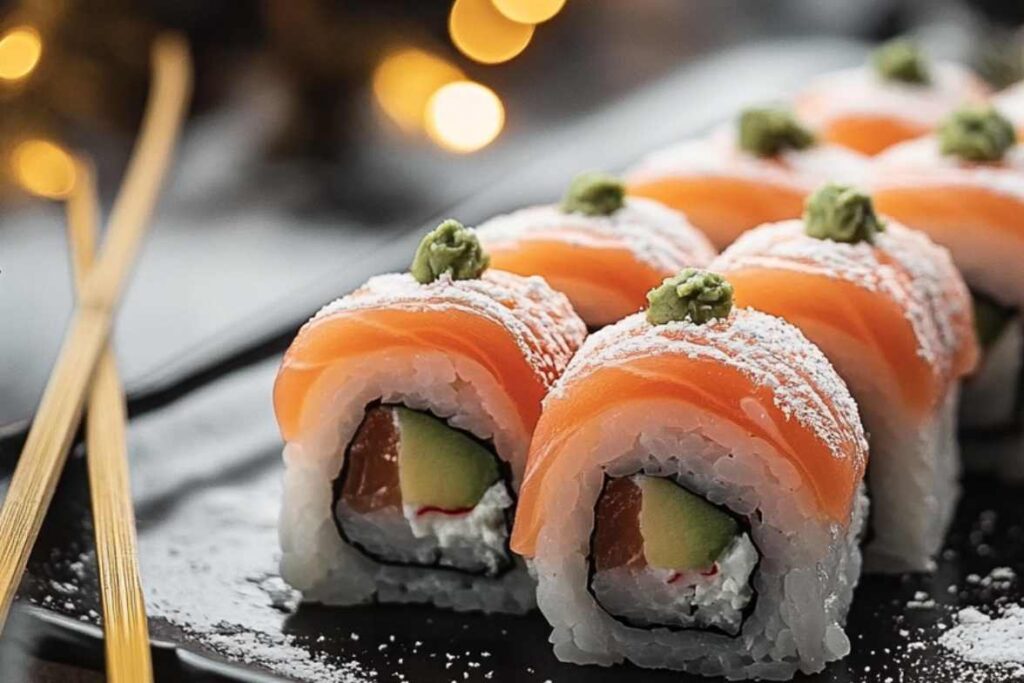 Alaska Roll sushi garnished with wasabi on top