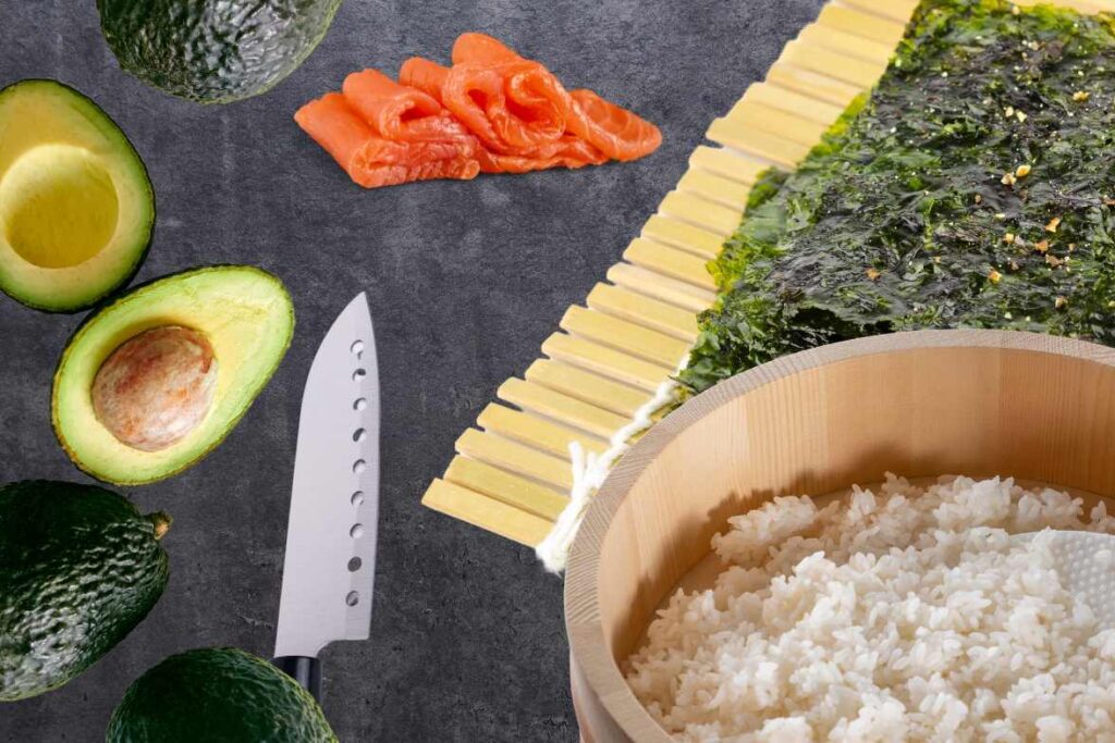 Does the Alaska Roll Include Cream Cheese? Ingredients for making an Alaska Roll, including fresh avocado, sushi-grade salmon, sushi rice and nori.