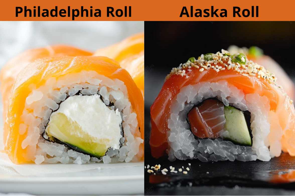 Side-by-side comparison of a Philadelphia Roll and an Alaska Roll, highlighting their distinct ingredients and presentation.