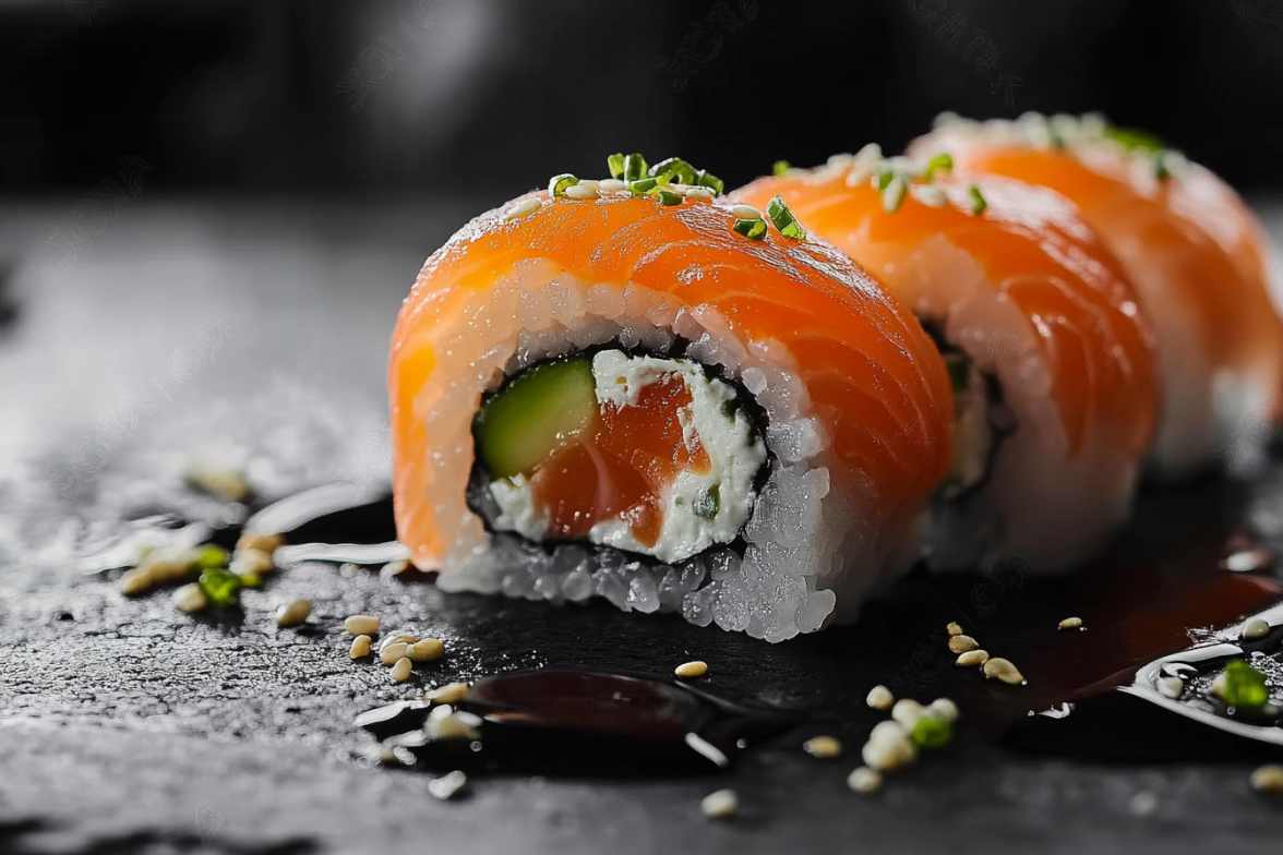 Alaska roll sushi with salmon, avocado, and cucumber