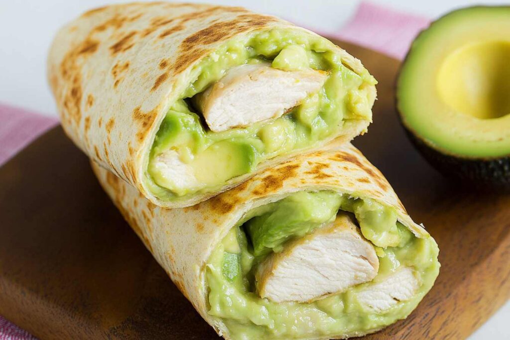 A close-up of a creamy avocado chicken wrap sliced in half, showing grilled chicken and mashed avocado.