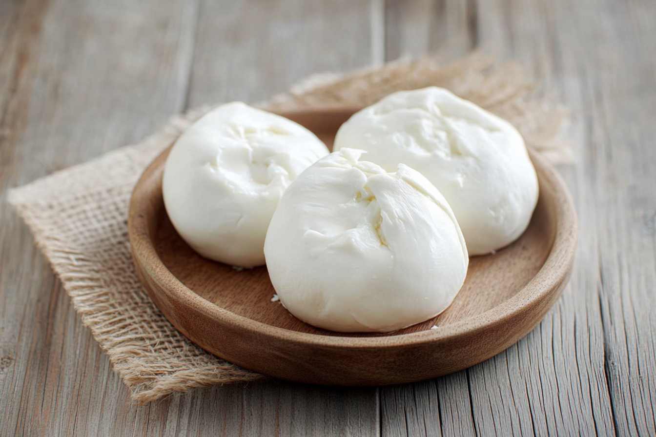 Fresh burrata cheese balls on a wooden plate with a rustic background.