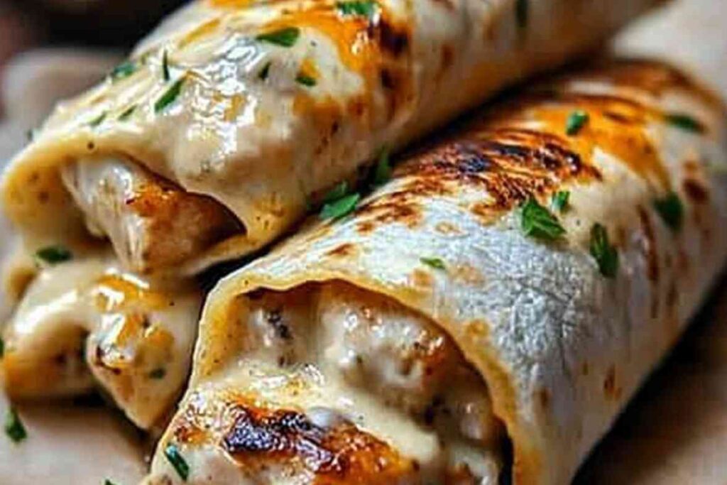 Cheesy garlic chicken wraps filled with tender chicken, melted cheese, and creamy garlic sauce, garnished with fresh herbs.