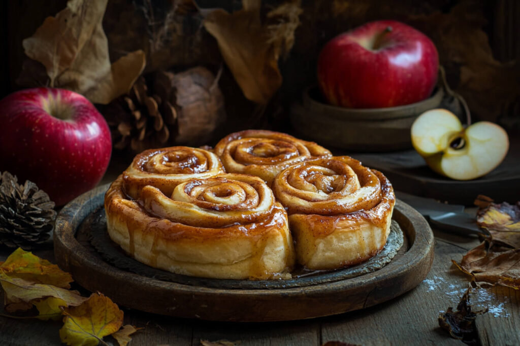 Rustic Cinnamon Rolls with Apple Pie Filling served on a wooden plate, surrounded by fresh red apples, apple slices, and autumn-themed decorations