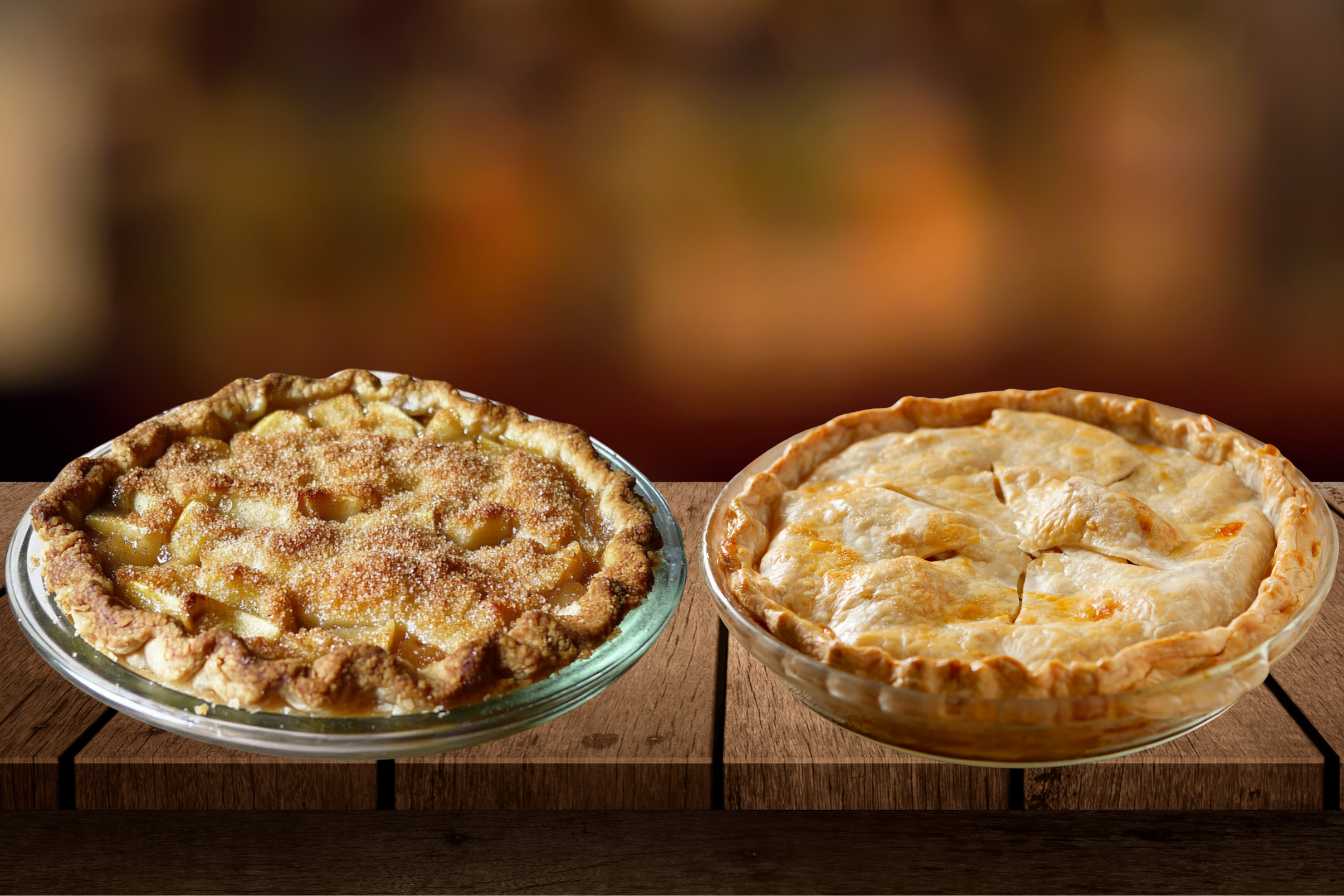 A side-by-side comparison of a French Apple Pie with a crumbly topping and a Regular Apple Pie with a smooth pastry crust.