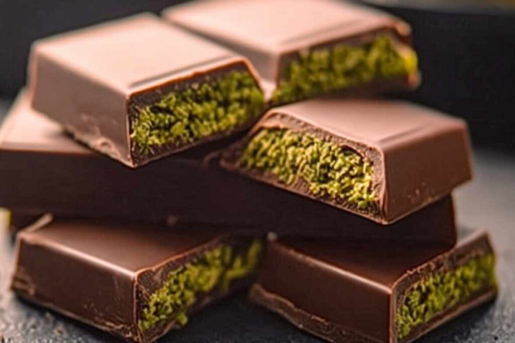 Close-up of a Dubai chocolate bar with a pistachio filling inside.