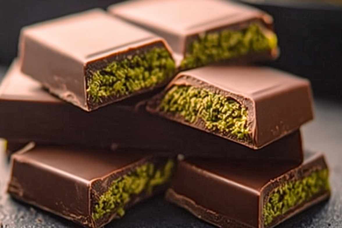 Close-up of a Dubai chocolate bar with a pistachio filling inside.