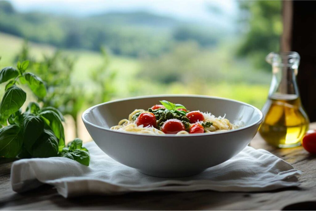 A bowl of spaghetti garnished with fresh pesto, cherry tomatoes, and grated Parmesan cheese, placed on a white napkin with a natural outdoor backdrop.