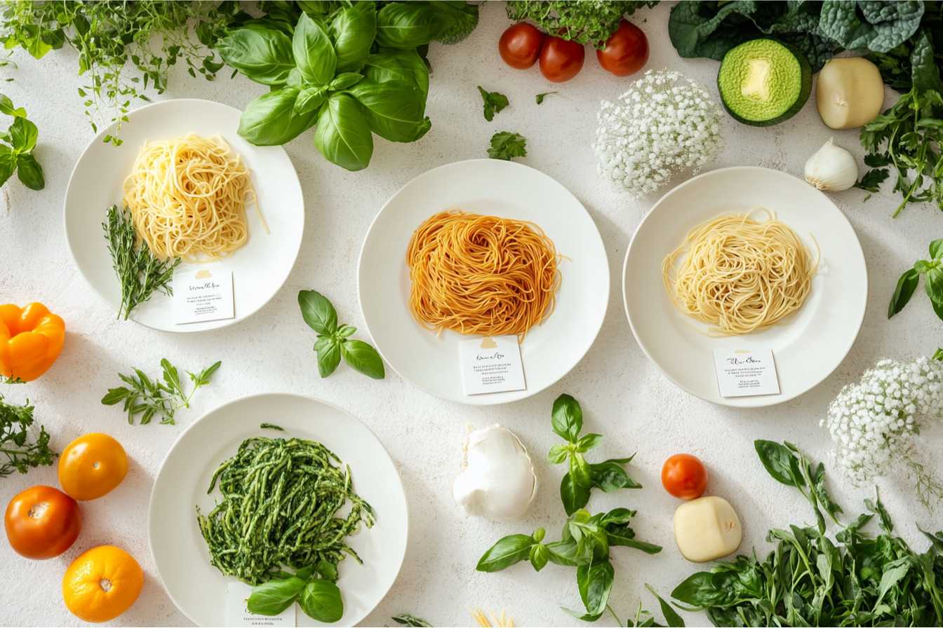 Four plates of pasta, each showcasing a different type, arranged with fresh herbs, vegetables, and natural greenery on a white background.