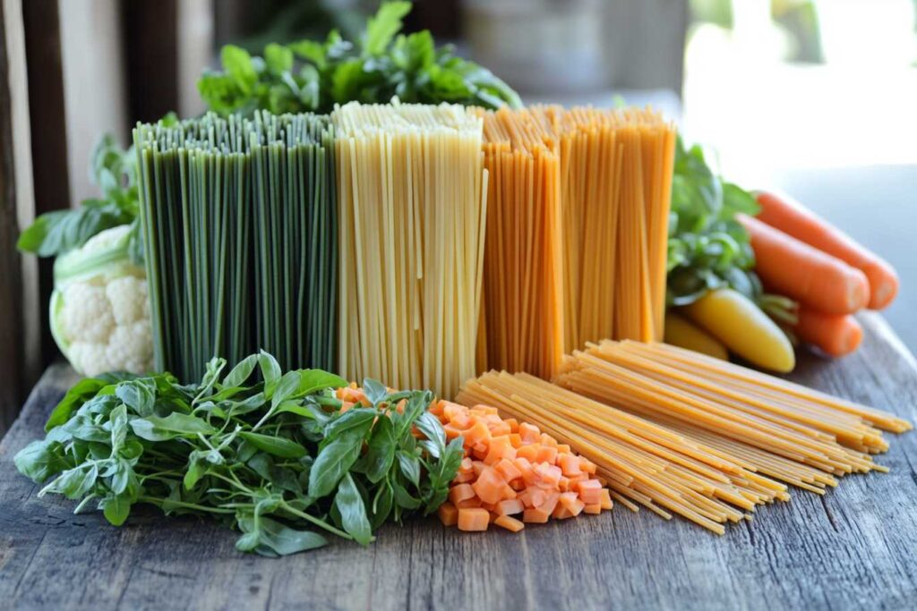 A variety of uncooked pasta in green, yellow, and orange colors displayed neatly on a wooden surface with fresh vegetables and herbs in the background.