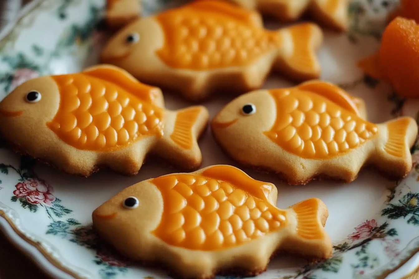 A plate of orange fish-shaped cookies with decorative details.