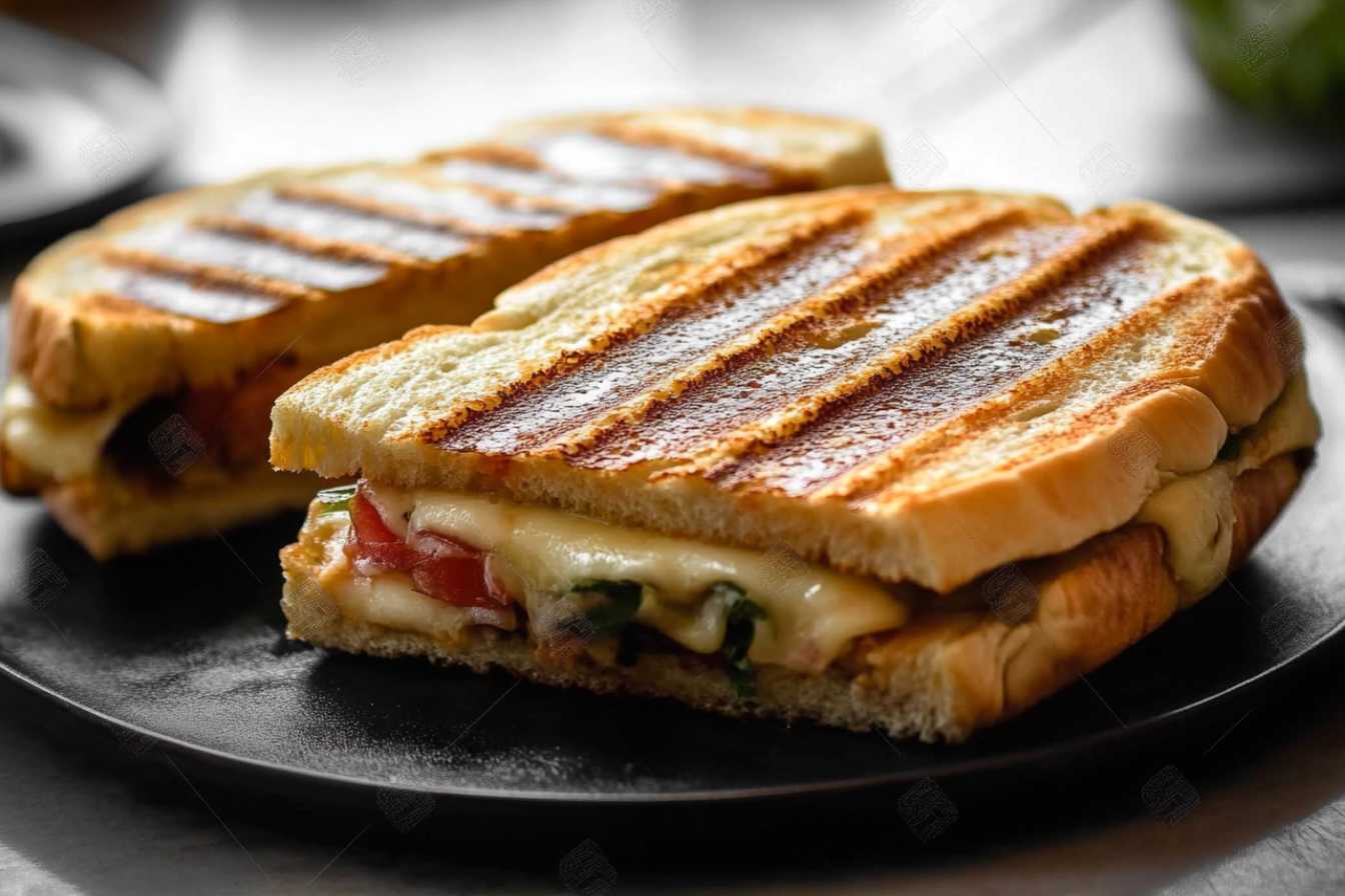 A close-up of a grilled panini sandwich with golden-brown grill marks, filled with melted cheese, fresh tomatoes, and leafy greens.