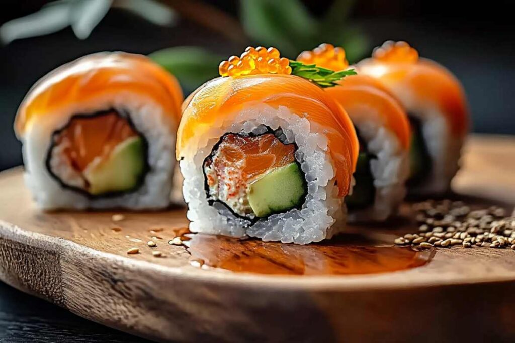 Close-up of Philadelphia Roll sushi with salmon, cream cheese, cucumber, and garnished with roe.