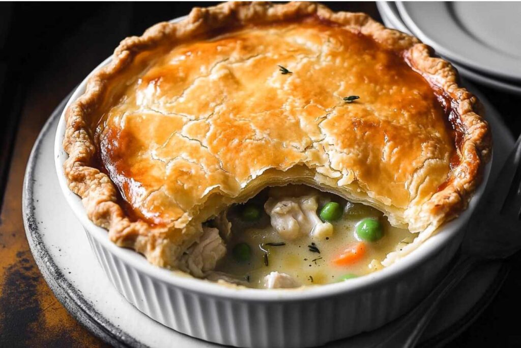 A golden-brown chicken pot pie with a flaky crust, revealing a creamy filling of chicken, peas, and carrots inside a white ceramic dish.