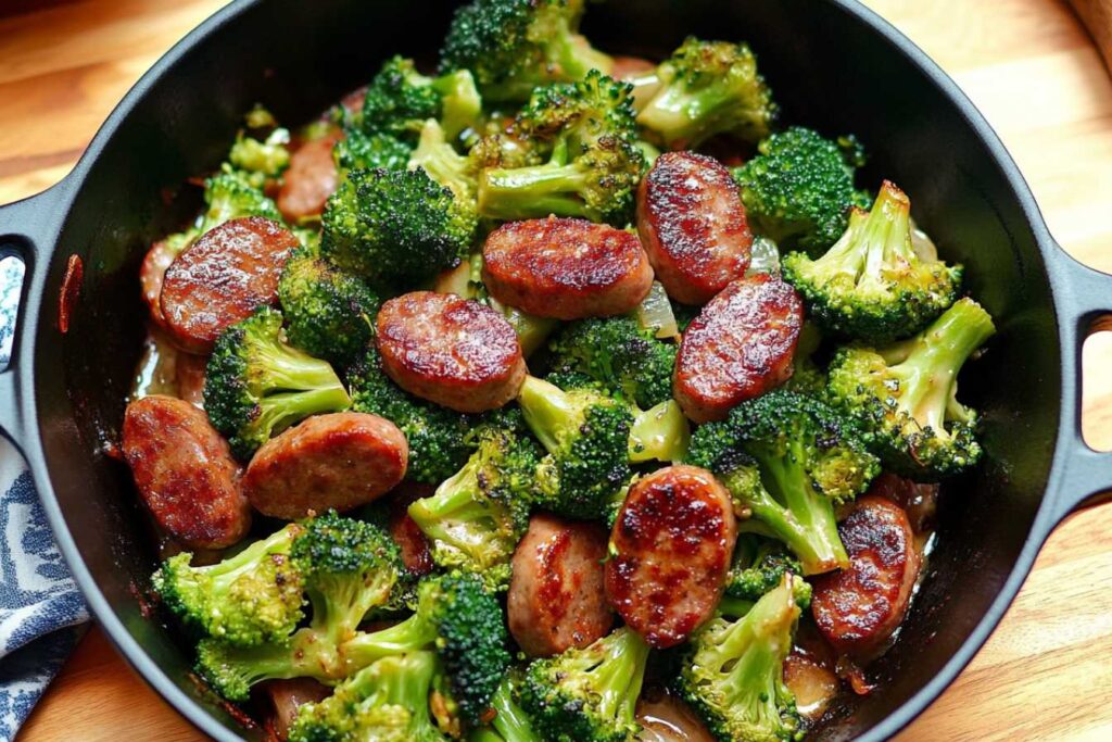 A skillet filled with sausage and broccoli stir-fry.