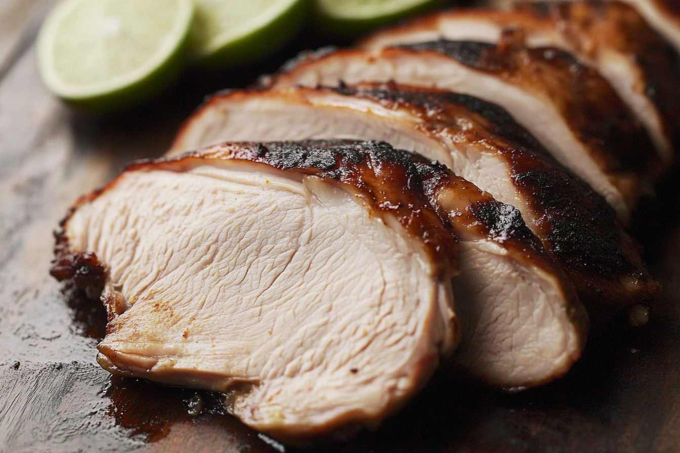 Sliced smoked turkey breast with a golden crust served alongside fresh lime wedges on a wooden board.