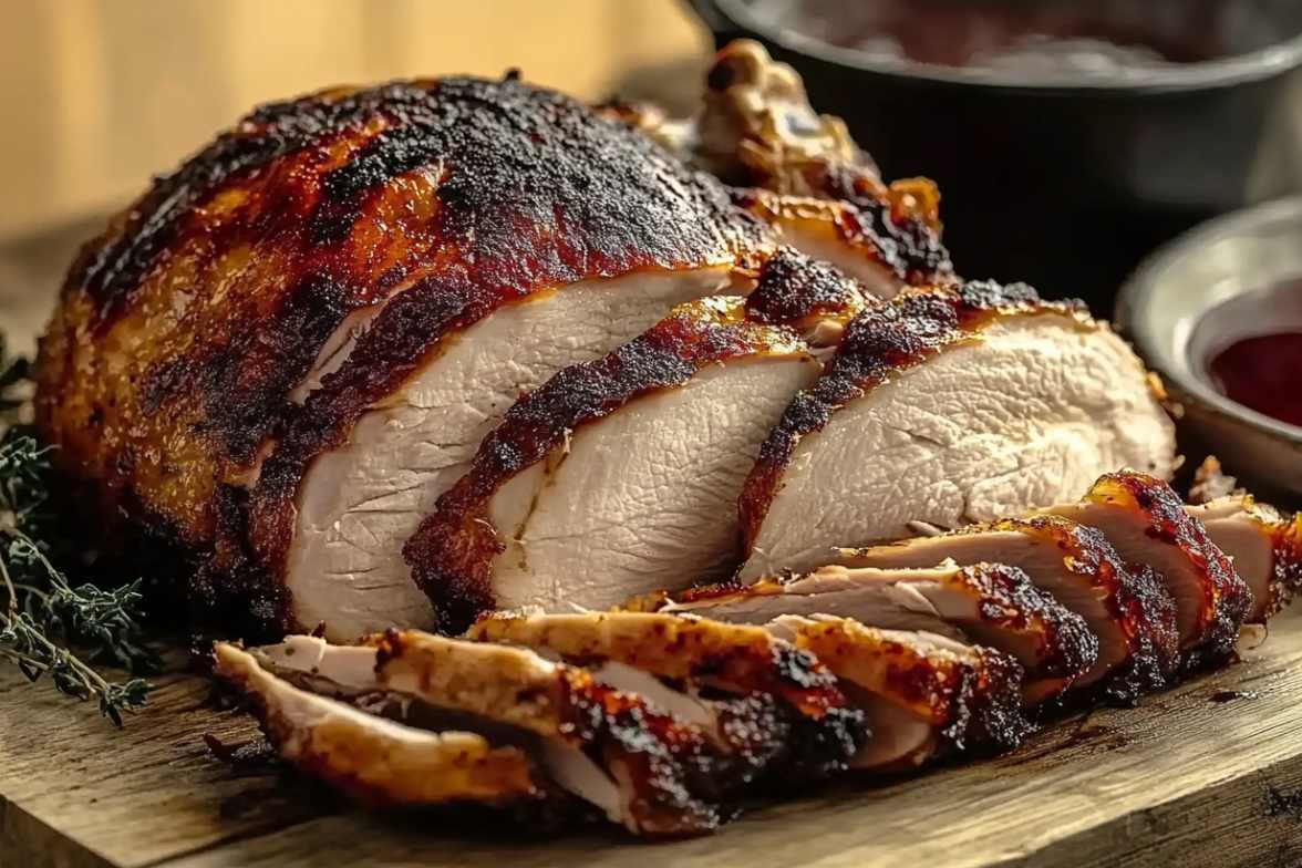 Perfectly smoked turkey breast sliced on a wooden board with a caramelized crust and juicy interior.