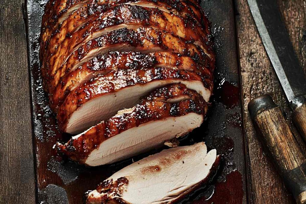 Sliced smoked turkey breast on a wooden board with a knife alongside.