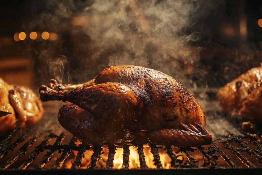 Whole turkey being smoked on a grill with smoke rising and a warm glow of flames in the background.