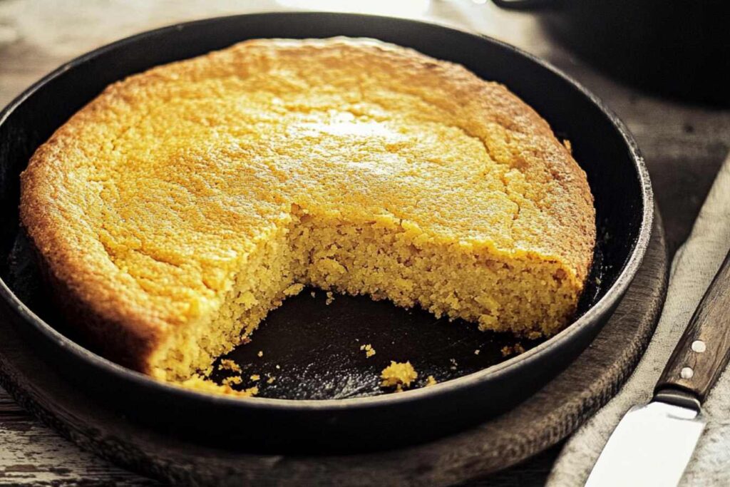 Freshly baked Southern cornbread with a golden crust in a cast-iron skillet