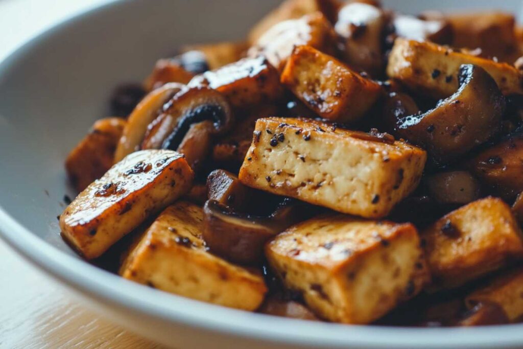 Close-up of a tofu and mushrooms stir-fry dish, featuring golden tofu cubes and sautéed mushrooms glistening with black bean sauce.