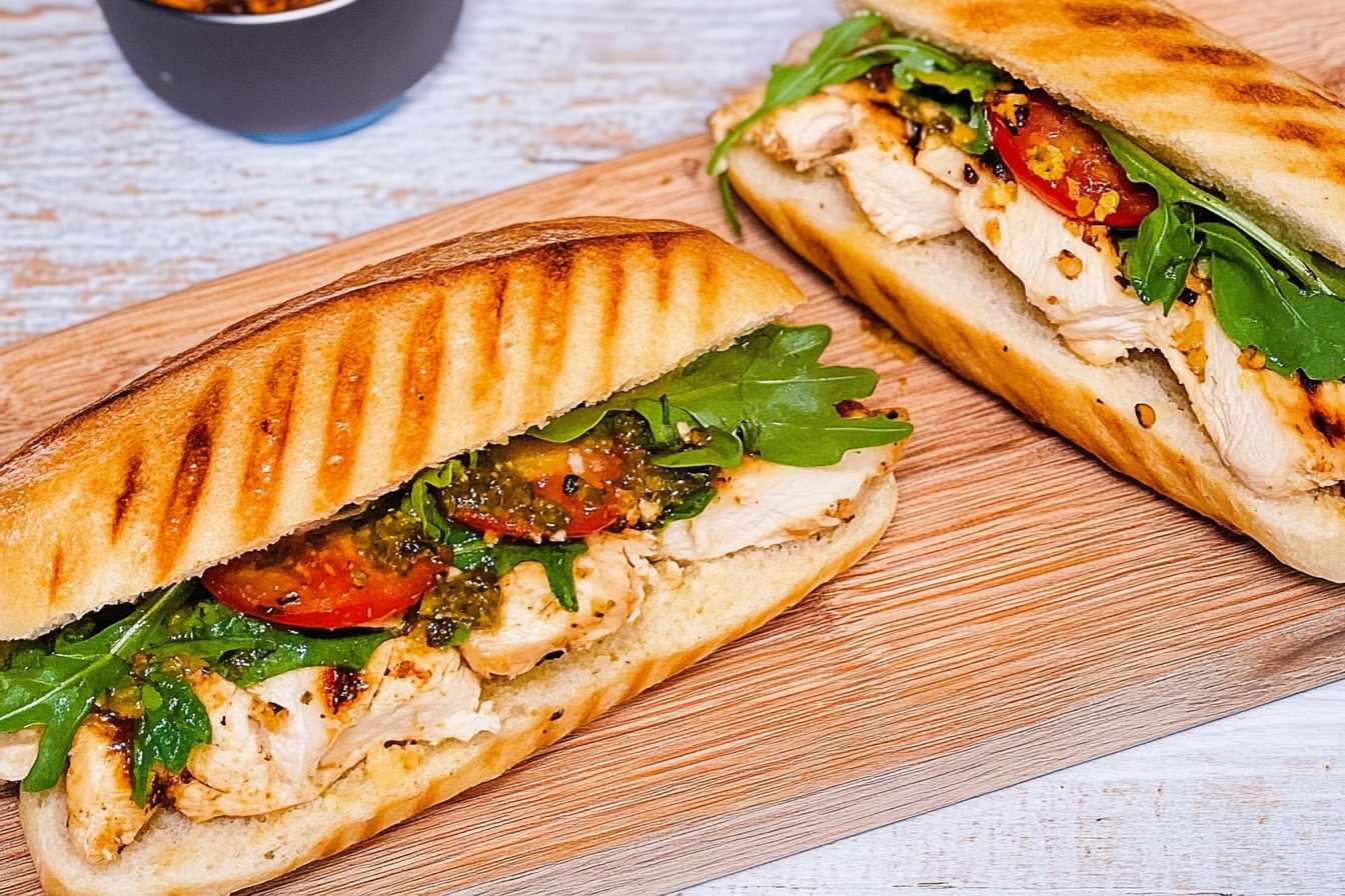 Grilled turkey panini with arugula, tomato, and pesto on a wooden cutting board.