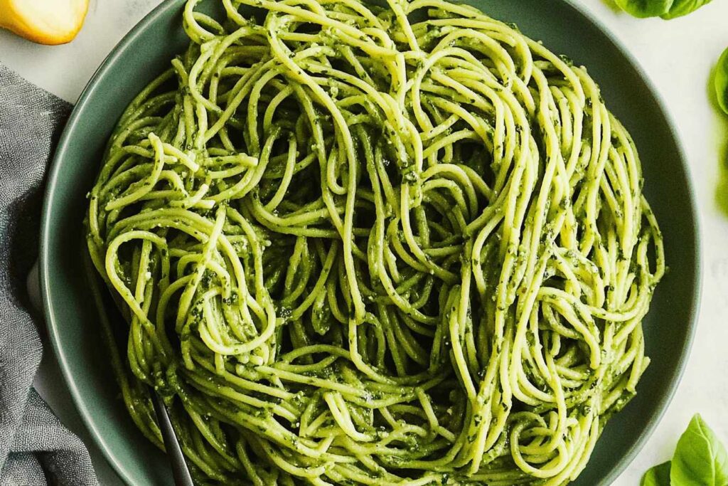 A plate of spaghetti coated in a rich green pesto sauce, served in a dark bowl with a fork on the side.