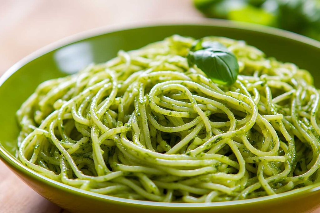 A close-up of spaghetti coated in fresh green pesto sauce, served in a green bowl and garnished with a basil leaf.