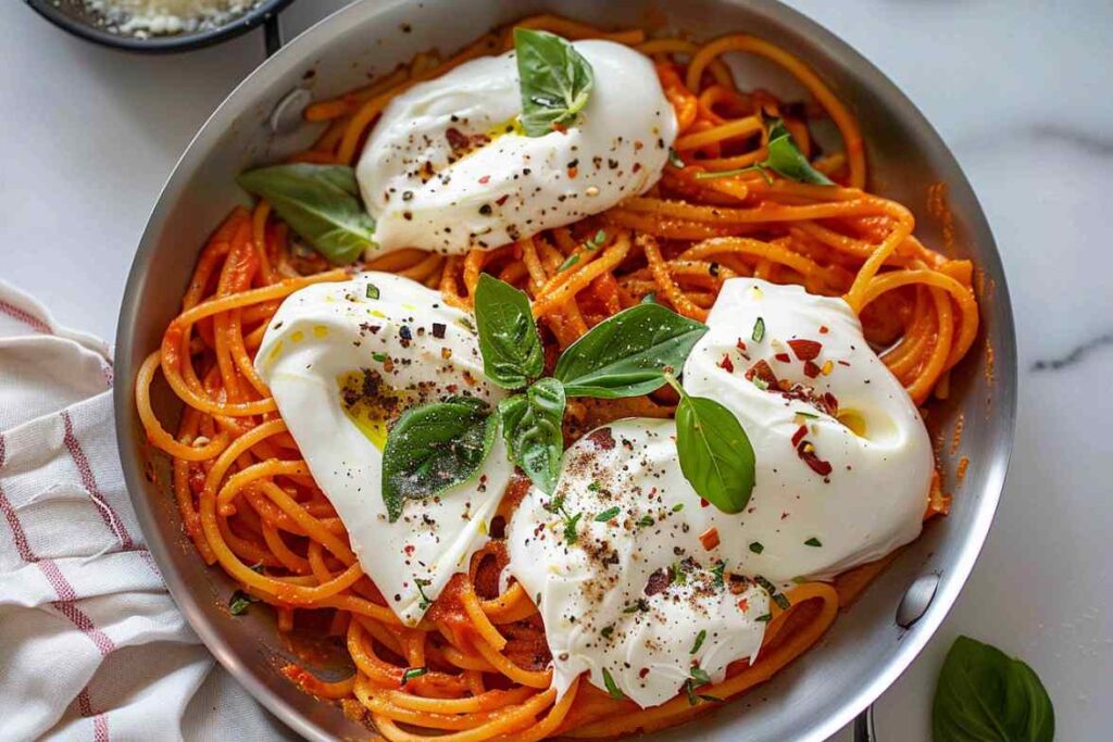 Burrata pasta with spaghetti in a rich tomato sauce, topped with creamy burrata, fresh basil leaves, and a sprinkle of chili flakes and black pepper.