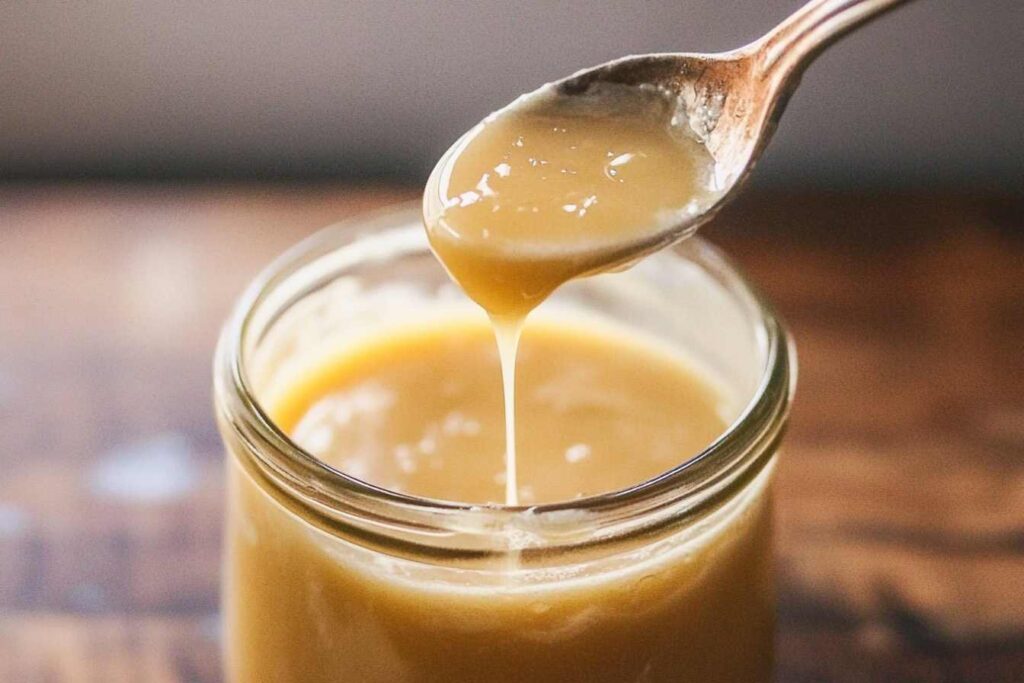 A spoon drizzling thick, golden creamed honey back into a jar