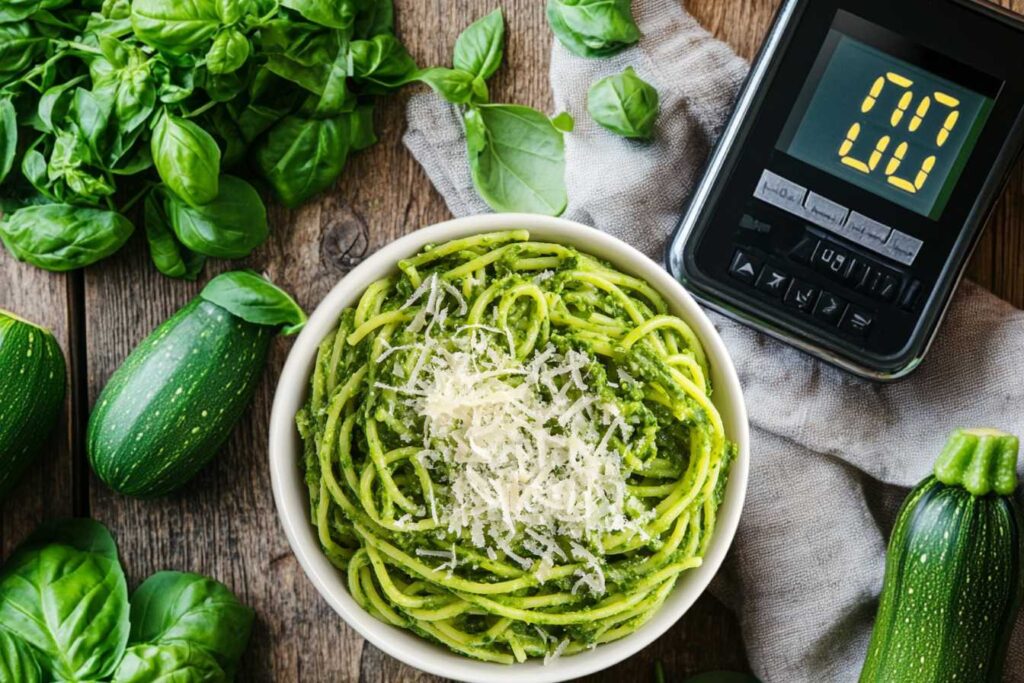 A bowl of green spaghetti with grated parmesan, surrounded by fresh zucchini and basil leaves on a rustic wooden table.