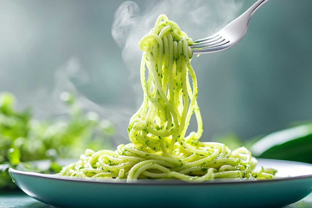 A steaming forkful of green spaghetti coated in a creamy herb sauce, served on a blue plate with a fresh and vibrant background.