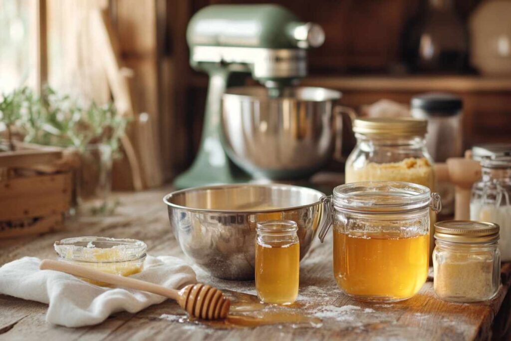 A cozy kitchen scene with jars of honey, a smaller jar labeled “seed honey,” a stainless steel mixing bowl, and a wooden spoon on a rustic wooden table, with a stand mixer in the background