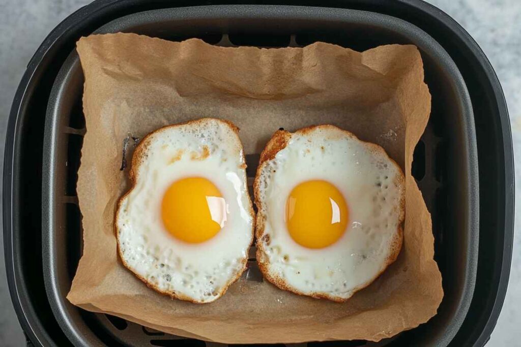 Two perfectly cooked air-fried eggs on parchment paper.