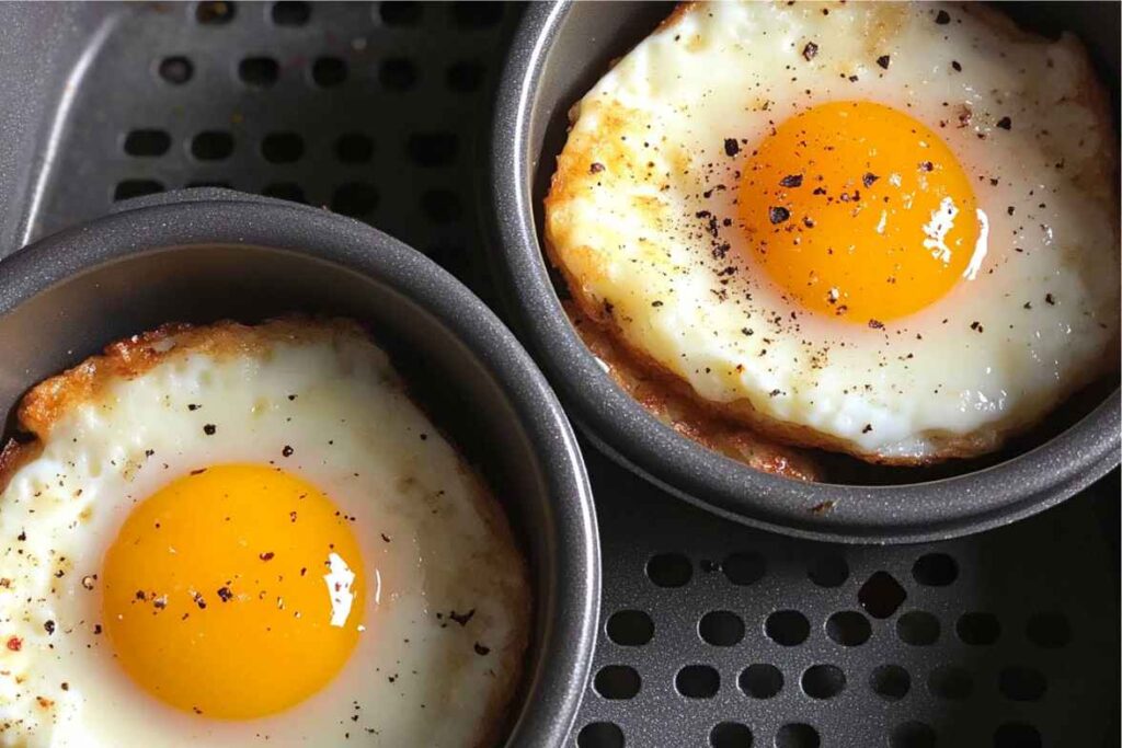 Two perfectly cooked sunny-side-up eggs made in an air fryer.