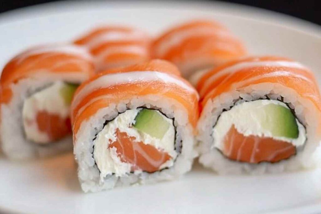 Close-up of Alaska Roll sushi featuring salmon, cream cheese, and cucumber, arranged on a white plate.