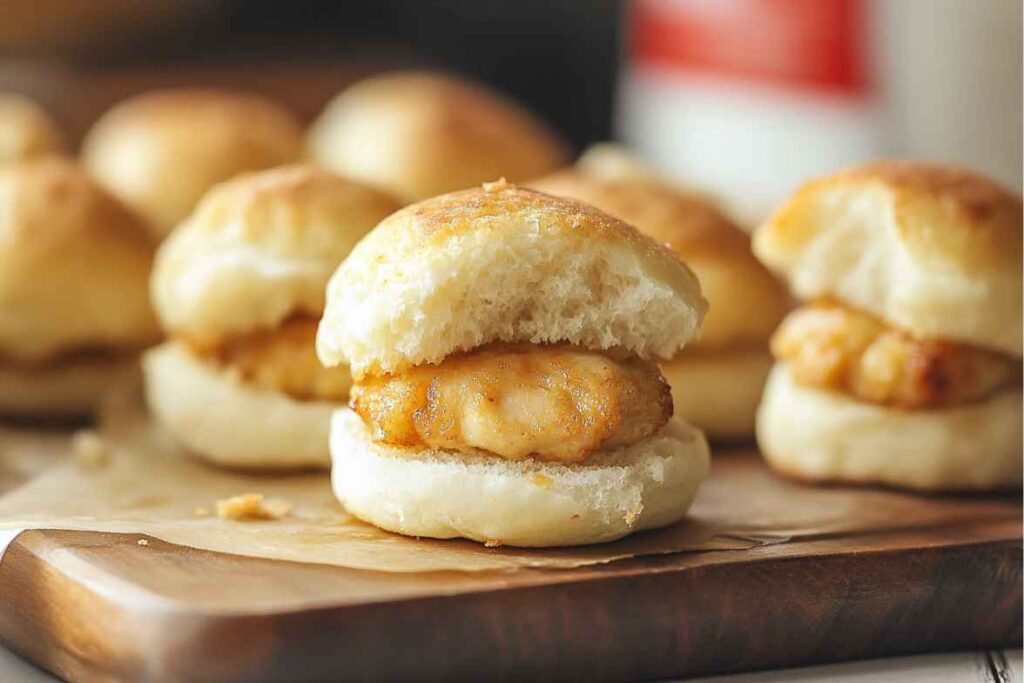 A close-up of a chicken mini slider with a tender chicken filet nestled inside a soft bun.