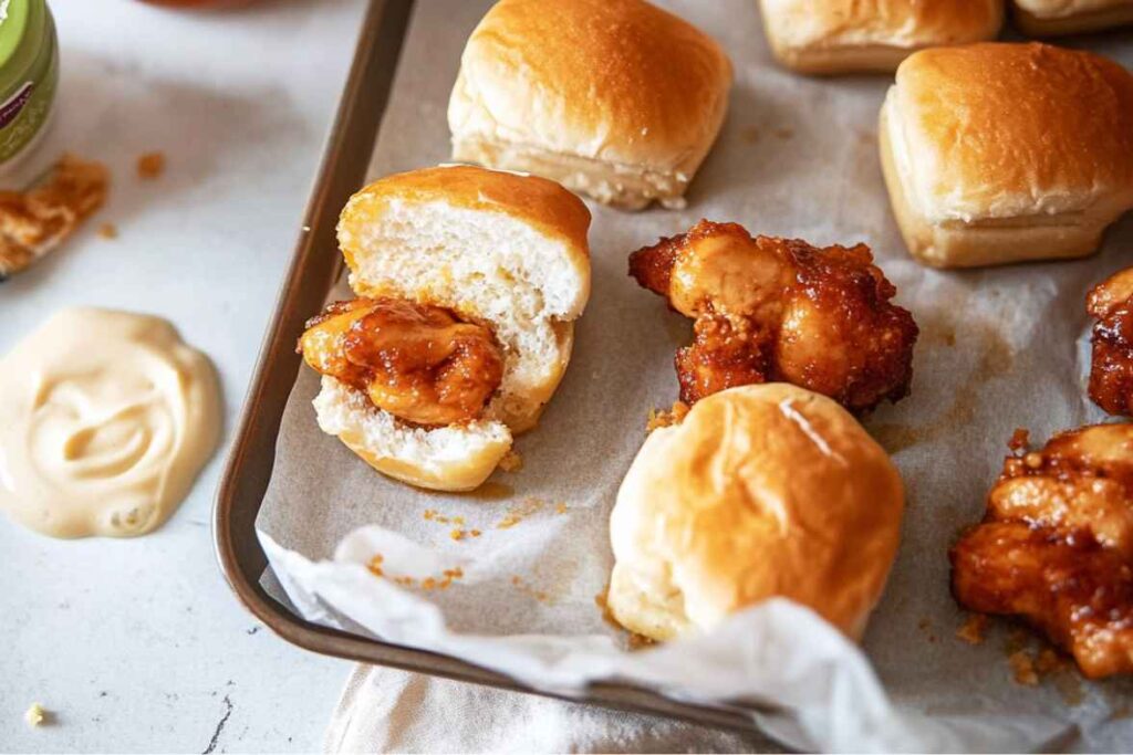 A tray of chicken mini sliders with soft buns, crispy chicken, and a dollop of creamy sauce on the side.