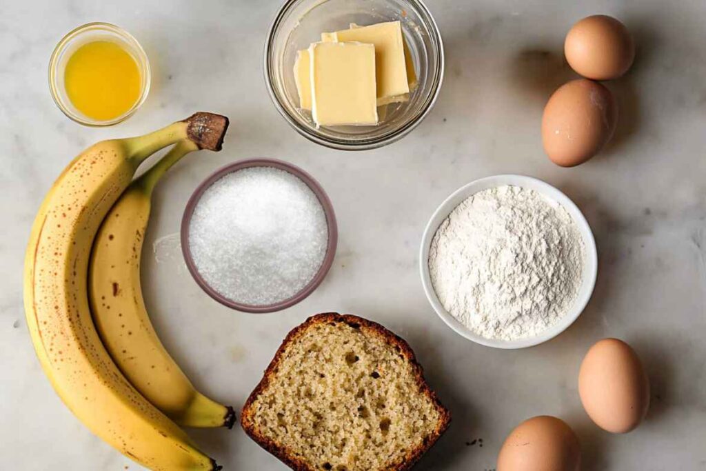 A flat-lay of banana bread ingredients including bananas, eggs, butter, flour, sugar, and a slice of banana bread on a marble surface.