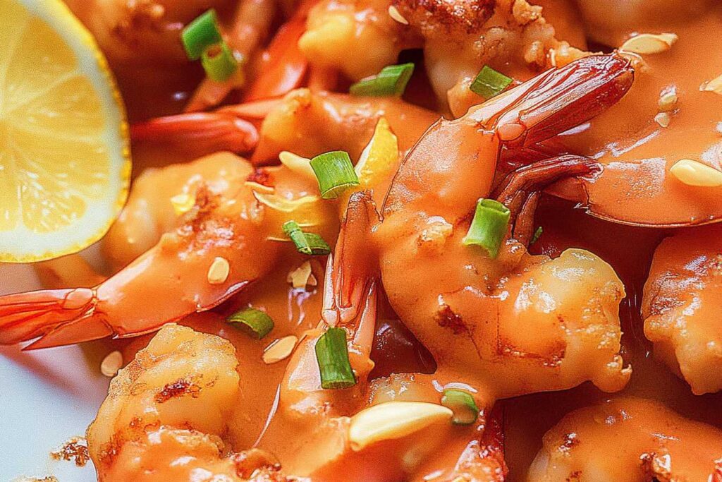 Crispy Boom Boom Shrimp coated in a spicy orange sauce, garnished with green onions, lemon, and peanuts.