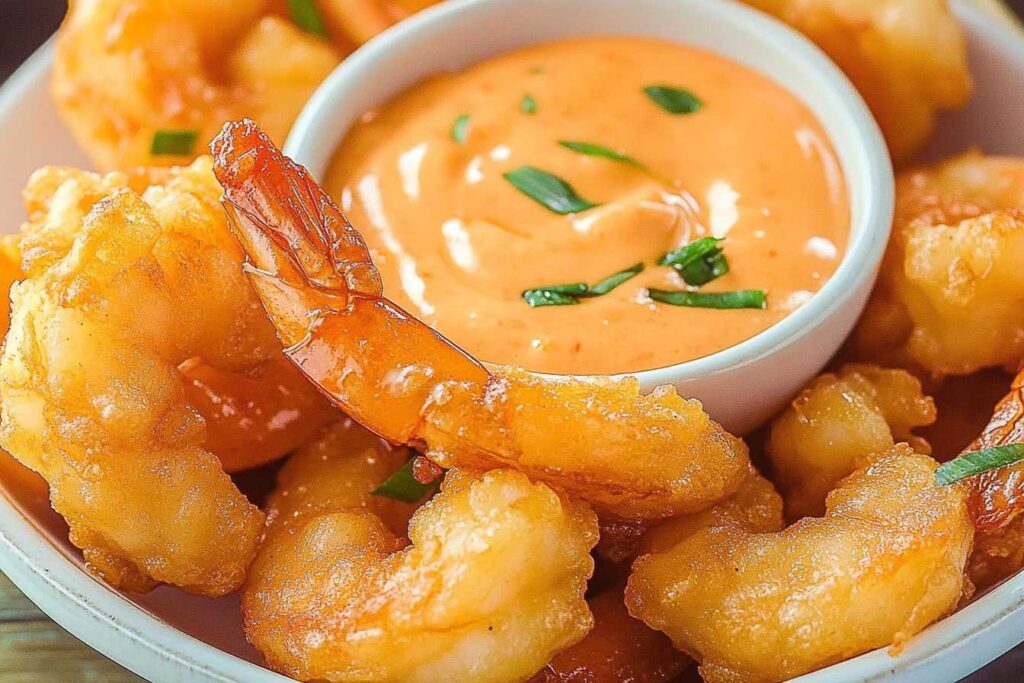 Crispy Boom Boom Shrimp served with a creamy orange dipping sauce garnished with fresh herbs.