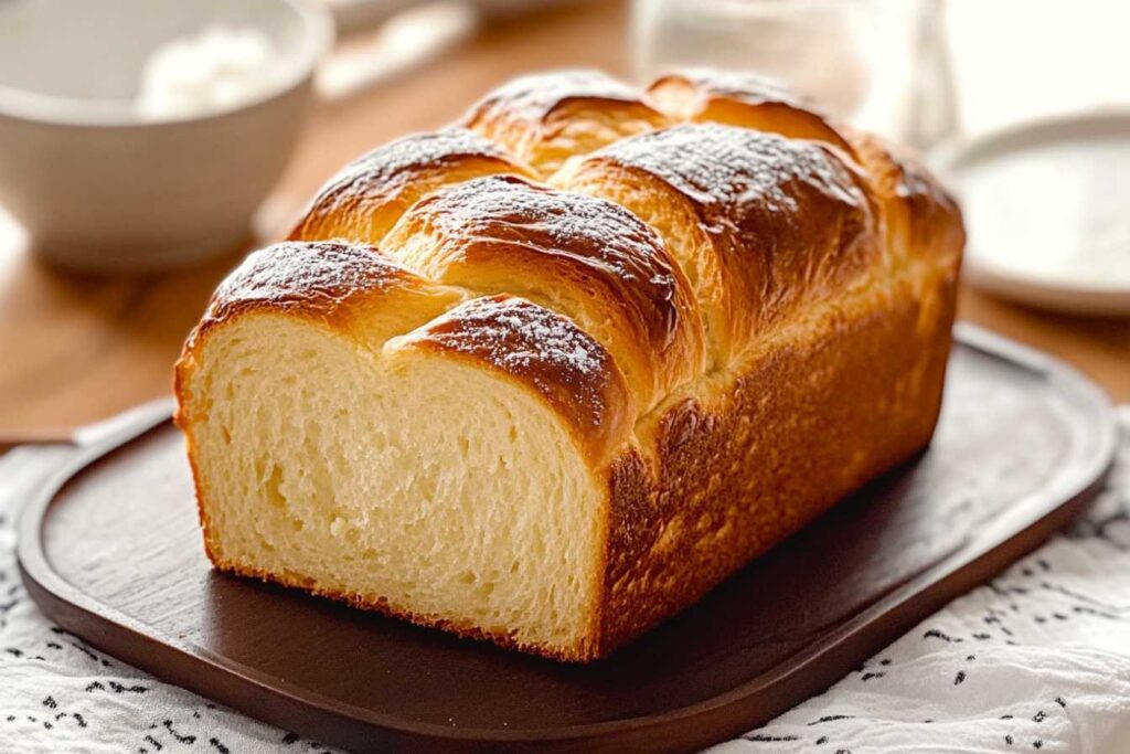 Golden, fluffy brioche loaf on a wooden board, freshly sliced