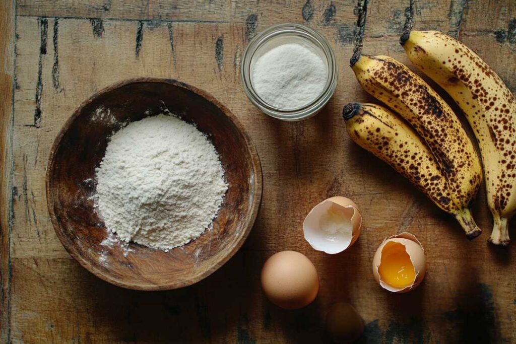 Overripe bananas, flour, sugar, and eggs arranged on a rustic wooden surface for banana bread preparation.