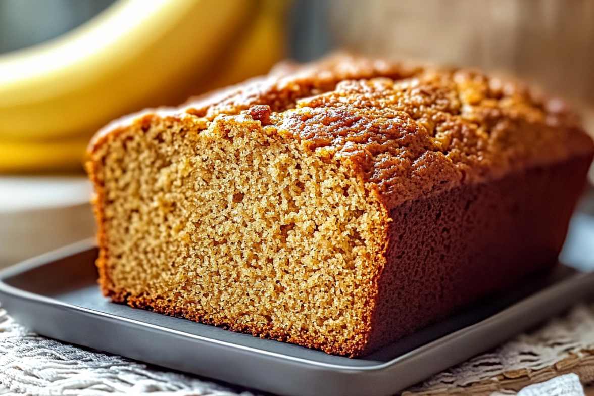 Close-up of a freshly baked banana bread loaf on a black tray.