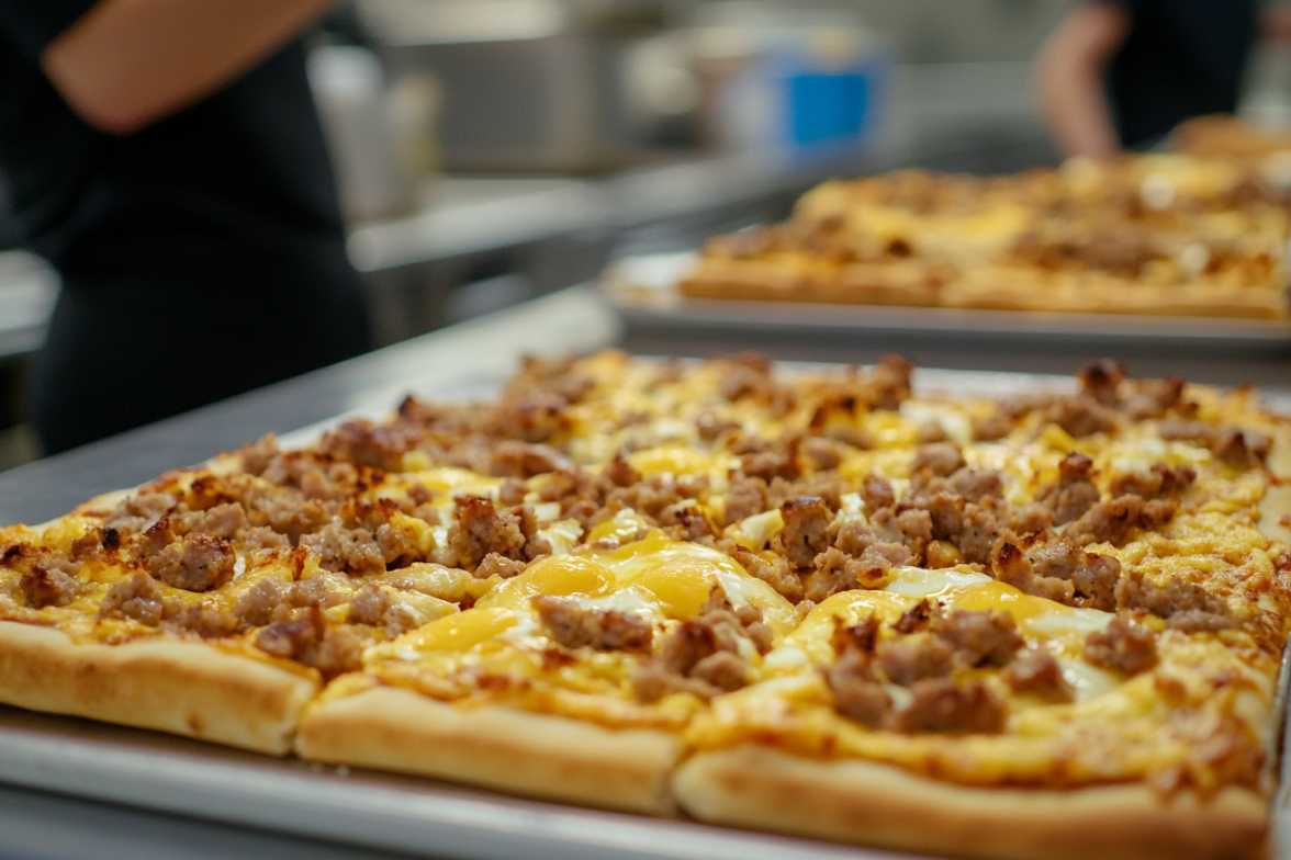 Freshly baked breakfast pizza with sausage, eggs, and melted cheese served in a school kitchen