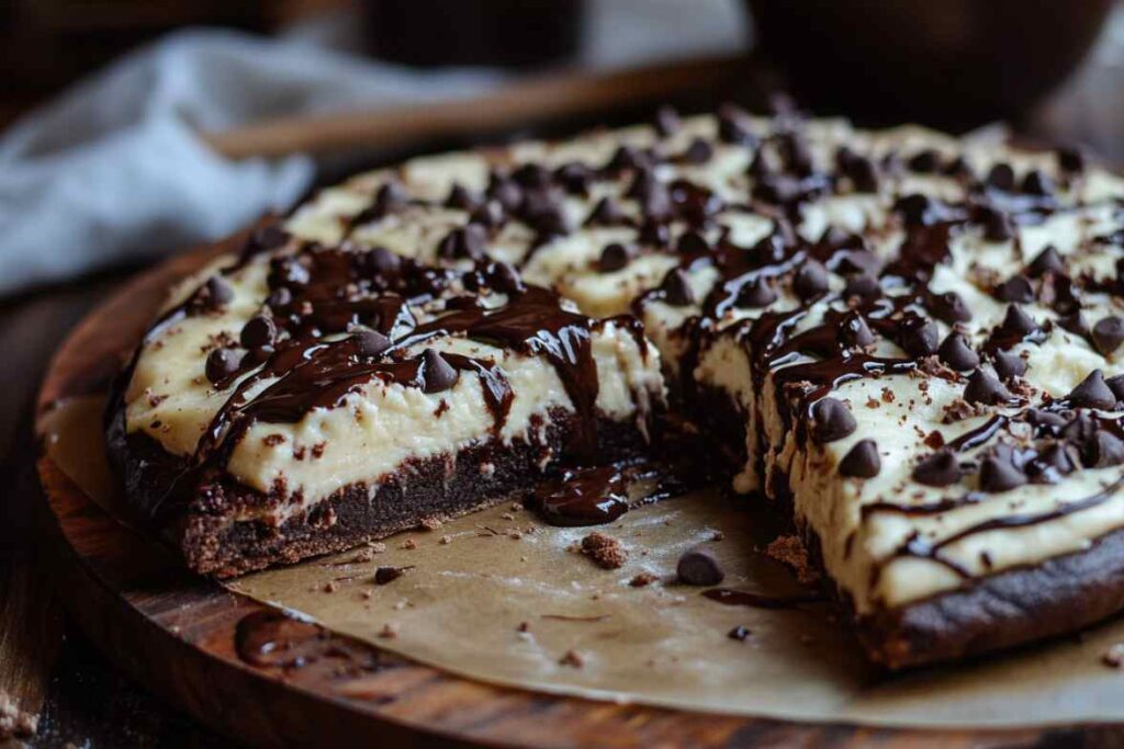 Decadent dessert pizza with a brownie base, creamy topping, chocolate chips, and drizzled chocolate syrup on a wooden board.