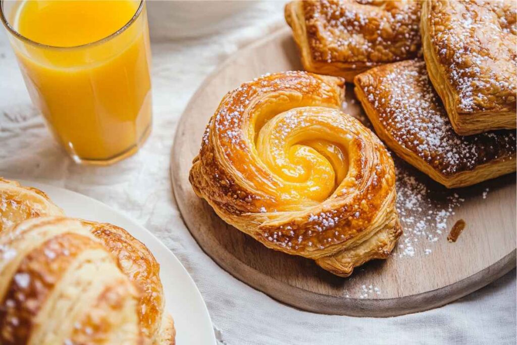 A selection of golden pastries and a glass of orange juice on a breakfast table.