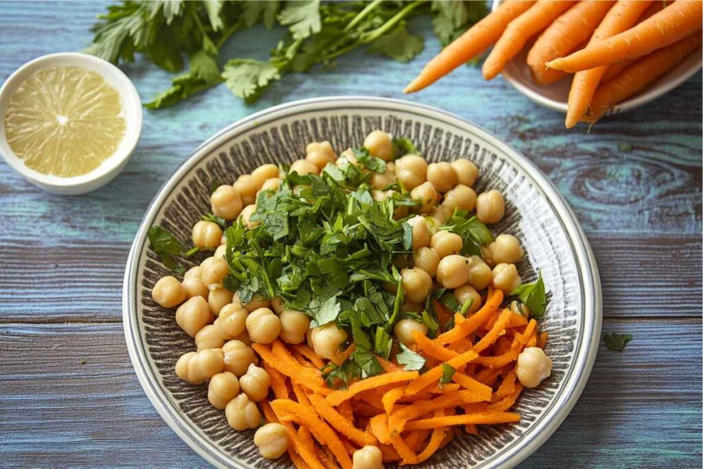 A vibrant carrot and chickpea salad topped with fresh parsley, served with lemon on the side.